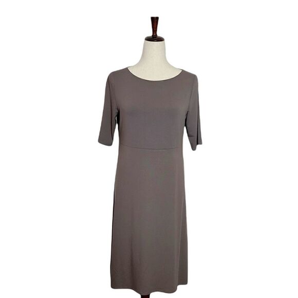 Eileen Fisher Toupe Swing High/Low Elbow Sleeve Midi Dress Size SP - Picture 1 of 6